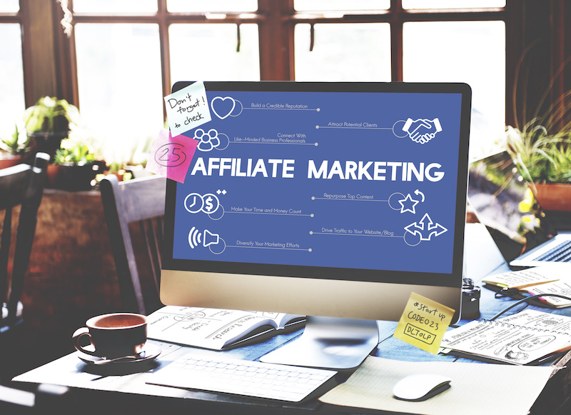 Affiliate Marketing on blue background of laptop screen